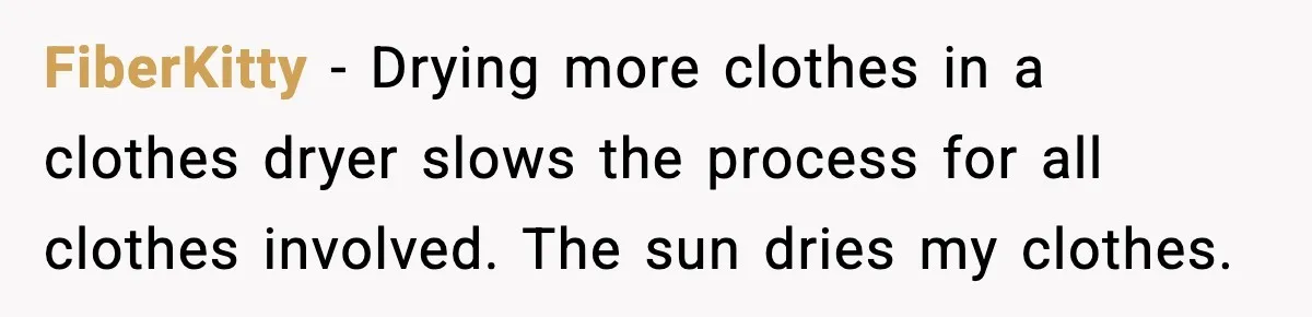 FiberKitty − Drying more clothes in a clothes dryer slows the process for all clothes involved. The sun dries my clothes.