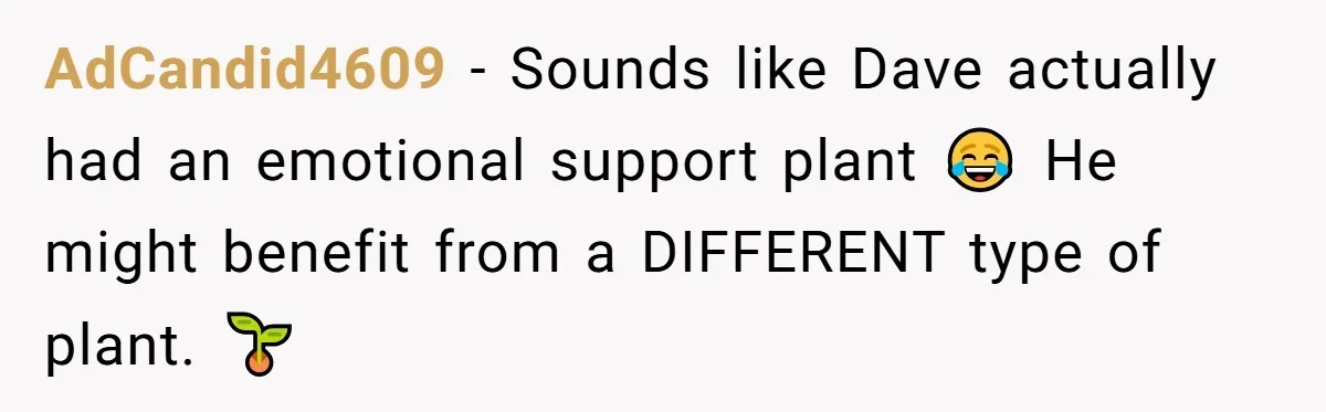 AdCandid4609 − Sounds like Dave actually had an emotional support plant 😂 He might benefit from a DIFFERENT type of plant. 🌱