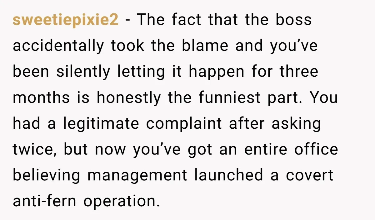 sweetiepixie2 − The fact that the boss accidentally took the blame and you’ve been silently letting it happen for three months is honestly the funniest part. You had a legitimate...