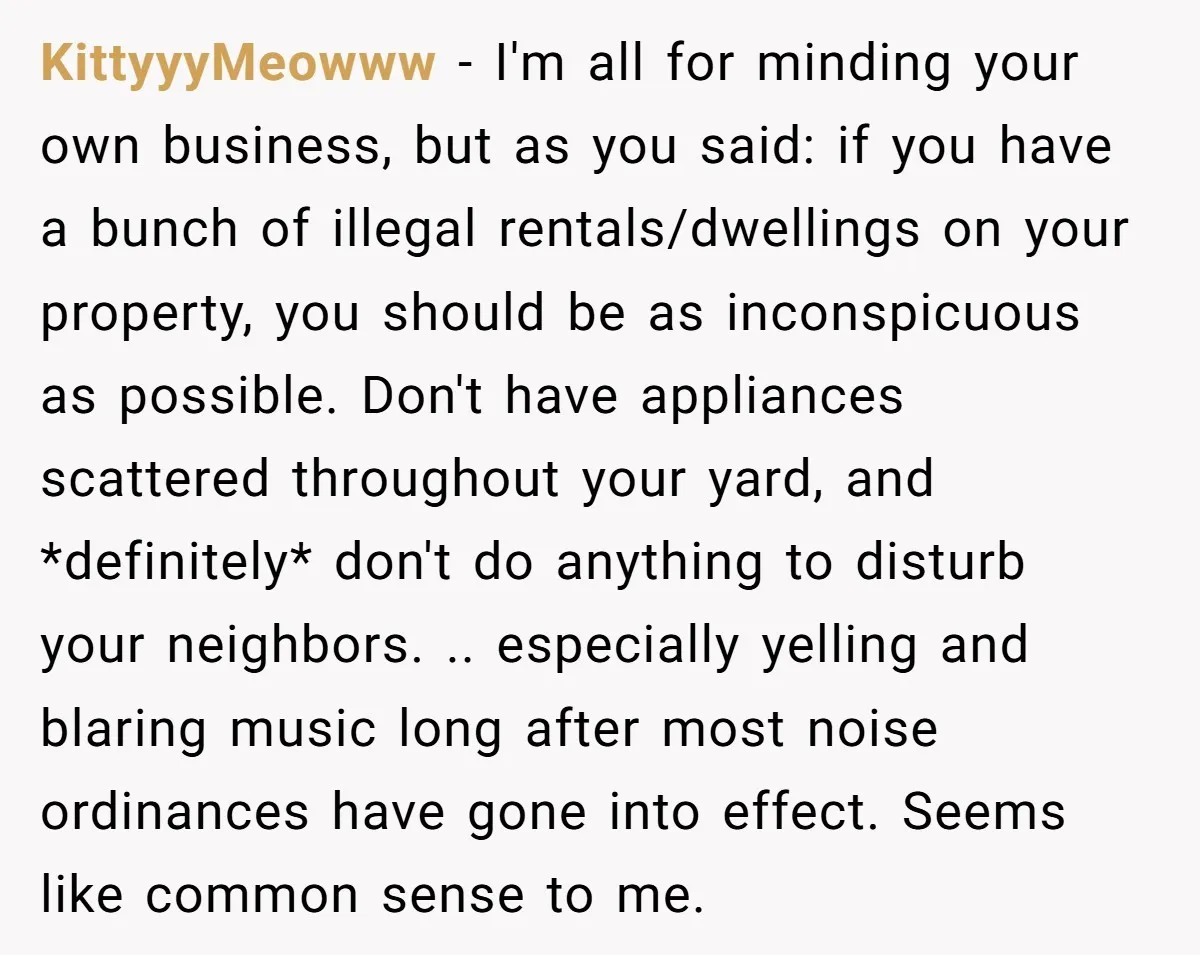 KittyyyMeowww − I'm all for minding your own business, but as you said: if you have a bunch of illegal rentals/dwellings on your property, you should be as inconspicuous as...