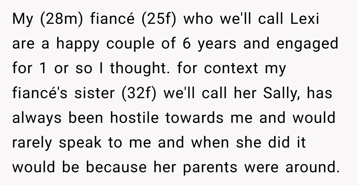 My (28m) fiancé (25f) who we'll call Lexi are a happy couple of 6 years and engaged for 1 or so I thought. for context my fiancé's sister (32f) we'll...