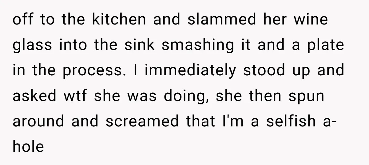 off to the kitchen and slammed her wine glass into the sink smashing it and a plate in the process. I immediately stood up and asked wtf she was doing,...