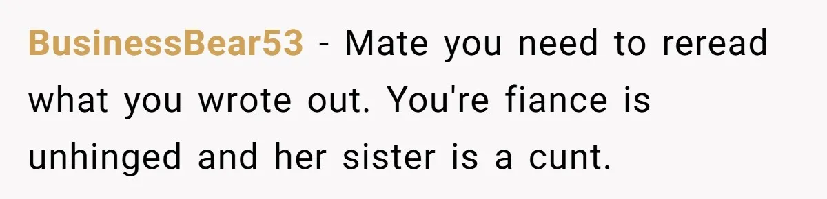 BusinessBear53 - Mate you need to reread what you wrote out. You're fiance is unhinged and her sister is a cunt.