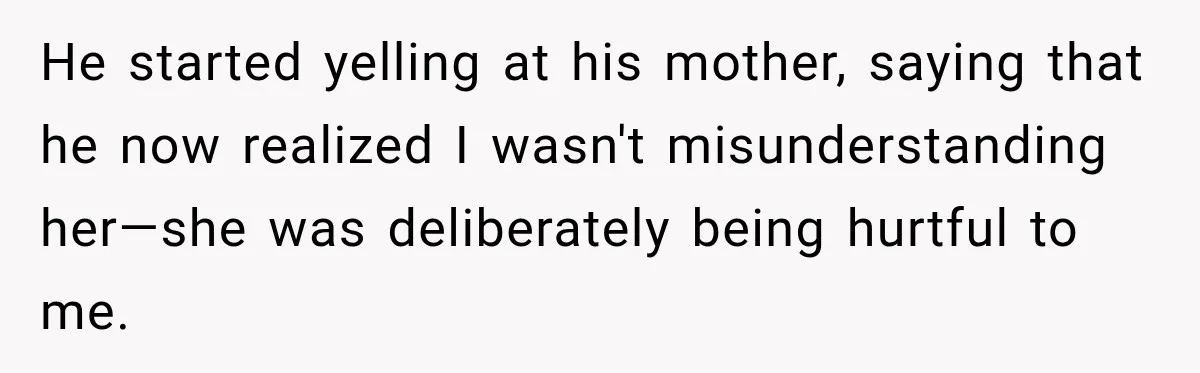 He started yelling at his mother, saying that he now realized I wasn't misunderstanding her—she was deliberately being hurtful to me.