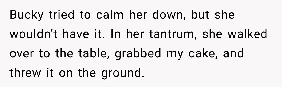 Bucky tried to calm her down, but she wouldn’t have it. In her tantrum, she walked over to the table, grabbed my cake, and threw it on the ground.
