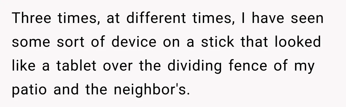 Three times, at different times, I have seen some sort of device on a stick that looked like a tablet over the dividing fence of my patio and the neighbor's.