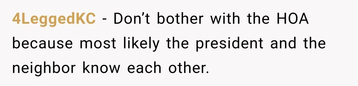 4LeggedKC − Don’t bother with the HOA because most likely the president and the neighbor know each other.