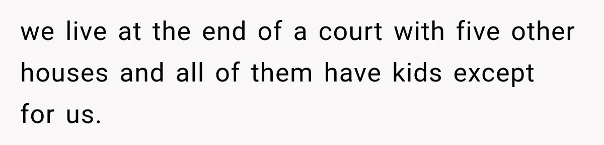 we live at the end of a court with five other houses and all of them have kids except for us.