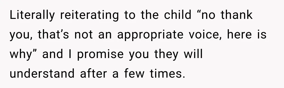 Literally reiterating to the child “no thank you, that’s not an appropriate voice, here is why” and I promise you they will understand after a few times.