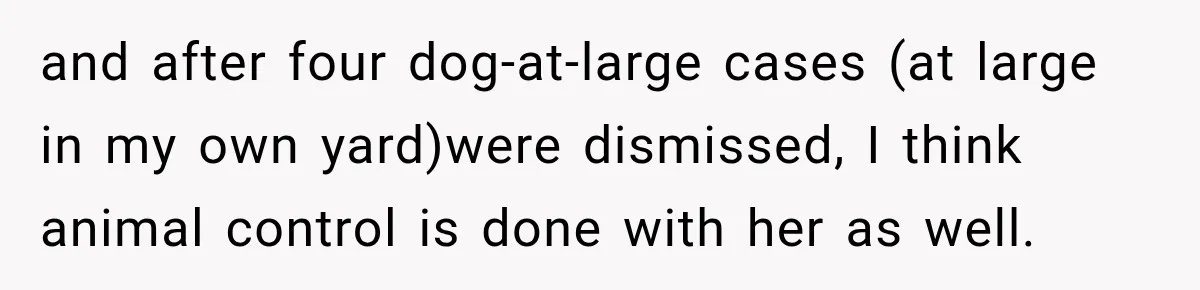 Woman Catches Neighbor Pouring Water on Their Driveway in Freezing Weather After Years of Feuding and after four dog-at-large cases (at large in my own yard)were dismissed, I think animal control is done with her as well.