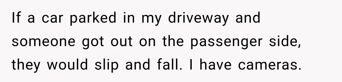 Woman Catches Neighbor Pouring Water on Their Driveway in Freezing Weather After Years of Feuding If a car parked in my driveway and someone got out on the passenger side, they would slip and fall. I have cameras.
