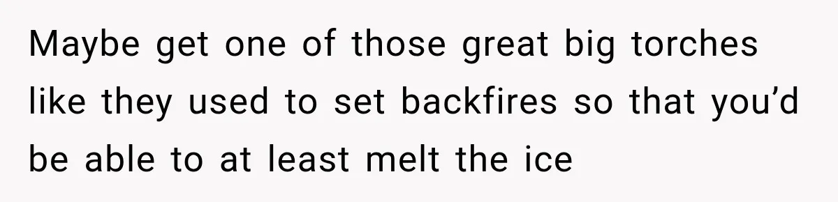 Woman Catches Neighbor Pouring Water on Their Driveway in Freezing Weather After Years of Feuding Maybe get one of those great big torches like they used to set backfires so that you’d be able to at least melt the ice