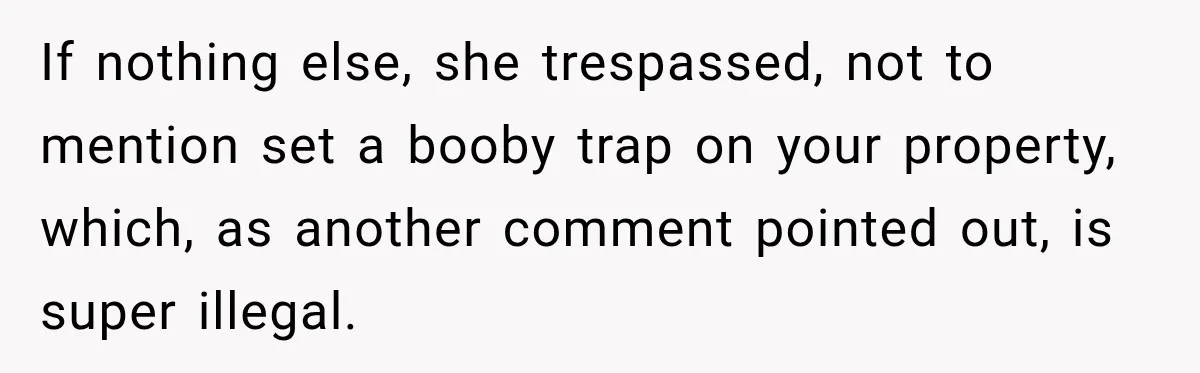 Woman Catches Neighbor Pouring Water on Their Driveway in Freezing Weather After Years of Feuding If nothing else, she trespassed, not to mention set a booby trap on your property, which, as another comment pointed out, is super illegal.