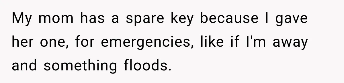 My mom has a spare key because I gave her one, for emergencies, like if I'm away and something floods.