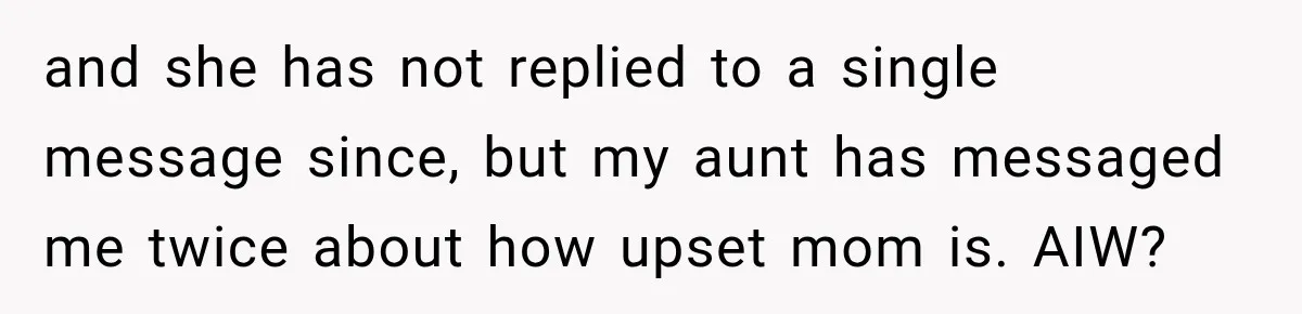 and she has not replied to a single message since, but my aunt has messaged me twice about how upset mom is. AIW?