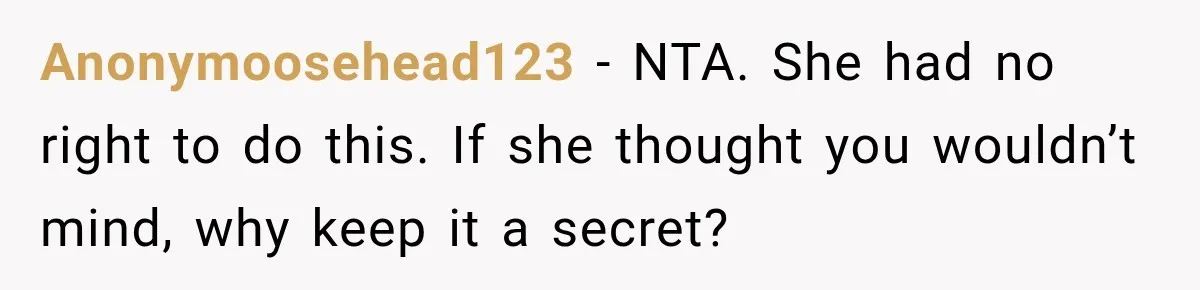 Anonymoosehead123 − NTA. She had no right to do this. If she thought you wouldn’t mind, why keep it a secret?