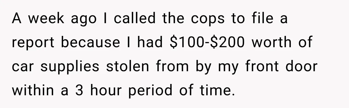 A week ago I called the cops to file a report because I had $100-$200 worth of car supplies stolen from by my front door within a 3 hour period...