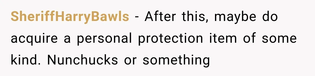 SheriffHarryBawls − After this, maybe do acquire a personal protection item of some kind. Nunchucks or something