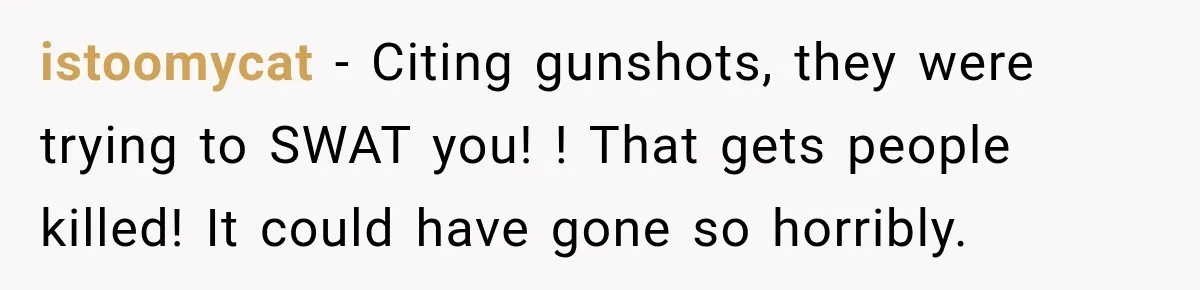 istoomycat − Citing gunshots, they were trying to SWAT you! ! That gets people killed! It could have gone so horribly.