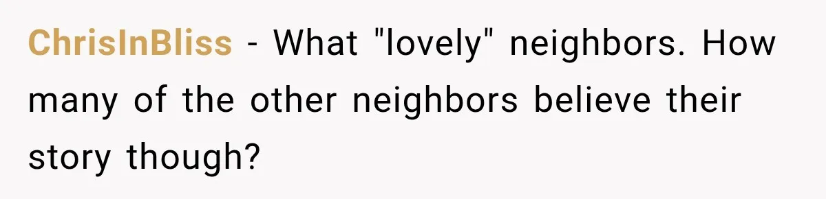 ChrisInBliss − What "lovely" neighbors. How many of the other neighbors believe their story though?