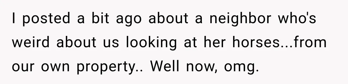 I posted a bit ago about a neighbor who's weird about us looking at her horses...from our own property.. Well now, omg.
