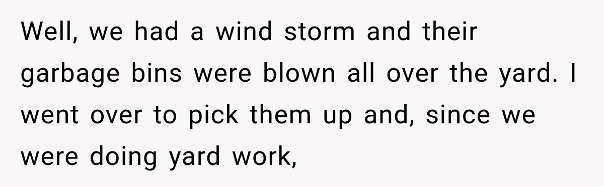 Well, we had a wind storm and their garbage bins were blown all over the yard. I went over to pick them up and, since we were doing yard work,