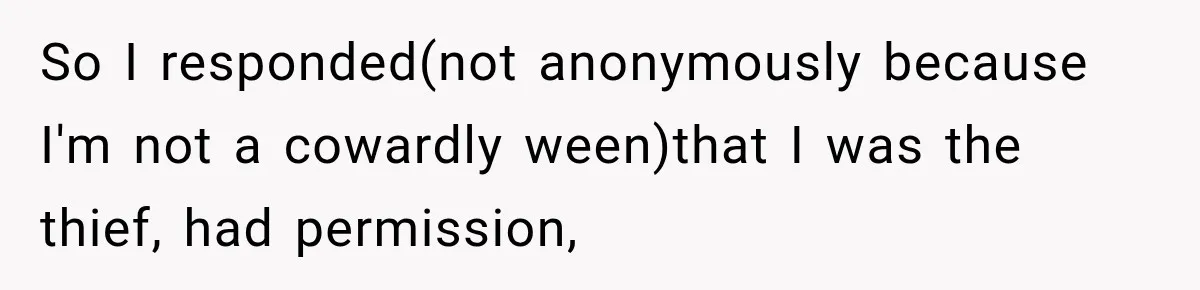 So I responded(not anonymously because I'm not a cowardly ween)that I was the thief, had permission,