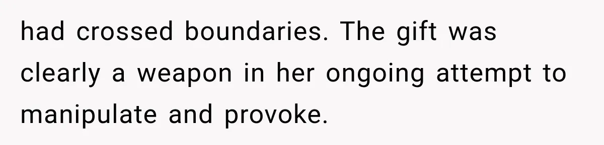 Her MIL Questioned Her Parenting While She Was 8 Months Pregnant, So She Finally Set Boundaries had crossed boundaries. The gift was clearly a weapon in her ongoing attempt to manipulate and provoke.