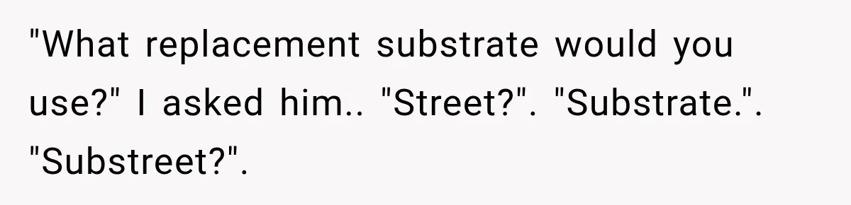 Salesman Ignores Woman Homeowner, Questions Her Husband’s Pride, Then Gets Barked Off the Property "What replacement substrate would you use?" I asked him.. "Street?". "Substrate.". "Substreet?".