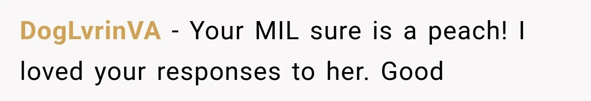 Her MIL Questioned Her Parenting While She Was 8 Months Pregnant, So She Finally Set Boundaries DogLvrinVA − Your MIL sure is a peach! I loved your responses to her. Good
