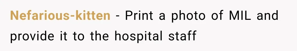 Pregnant Mom Refused Hospital Visitors, But Her MIL Threatened to Sneak In to Meet the Baby Nefarious-kitten − Print a photo of MIL and provide it to the hospital staff