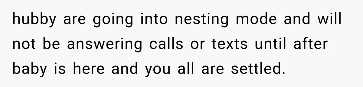 Pregnant Mom Refused Hospital Visitors, But Her MIL Threatened to Sneak In to Meet the Baby hubby are going into nesting mode and will not be answering calls or texts until after baby is here and you all are settled.