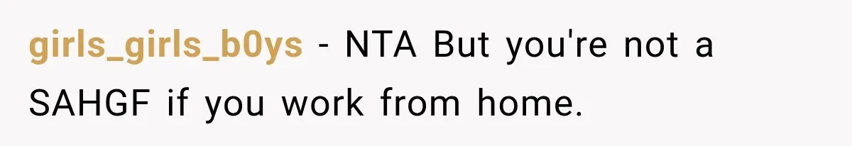 Woman Wants Protection From Boyfriend’s Threatening Sister, Then He Threatens to Kick Her Out girls_girls_b0ys − NTA But you're not a SAHGF if you work from home.