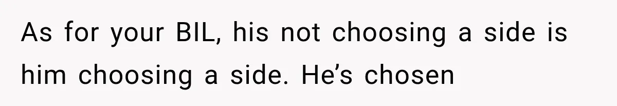 As for your BIL, his not choosing a side is him choosing a side. He’s chosen