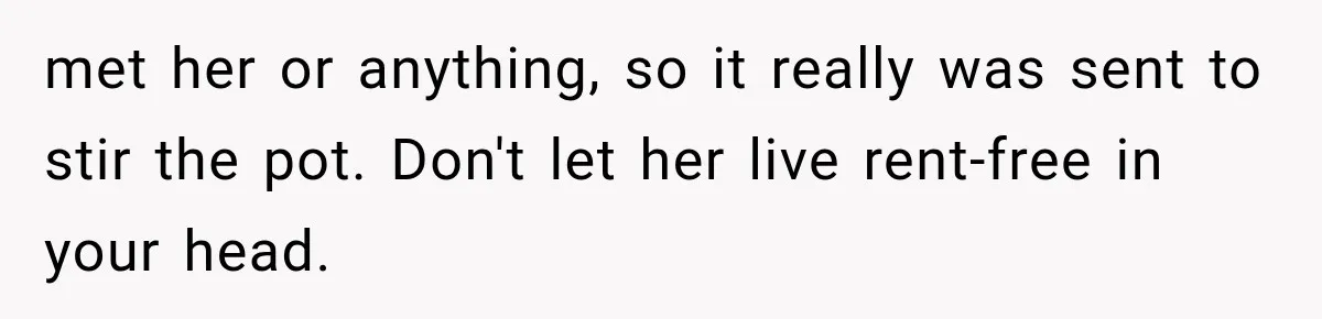 met her or anything, so it really was sent to stir the pot. Don't let her live rent-free in your head.