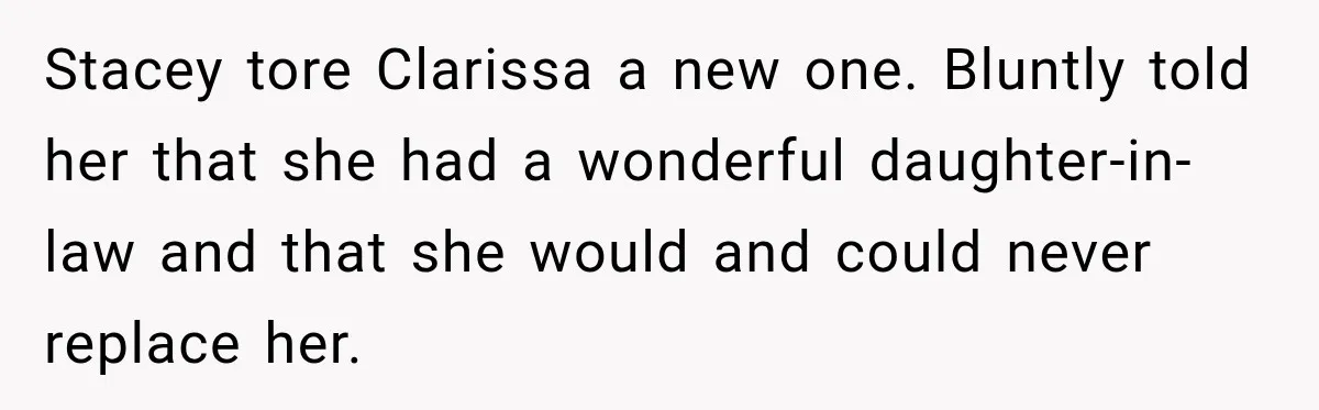 Stepmom Tries to Replace Girl’s Late Mother, but Grandma Refuses to Let Her Erase the Past Stacey tore Clarissa a new one. Bluntly told her that she had a wonderful daughter-in-law and that she would and could never replace her.