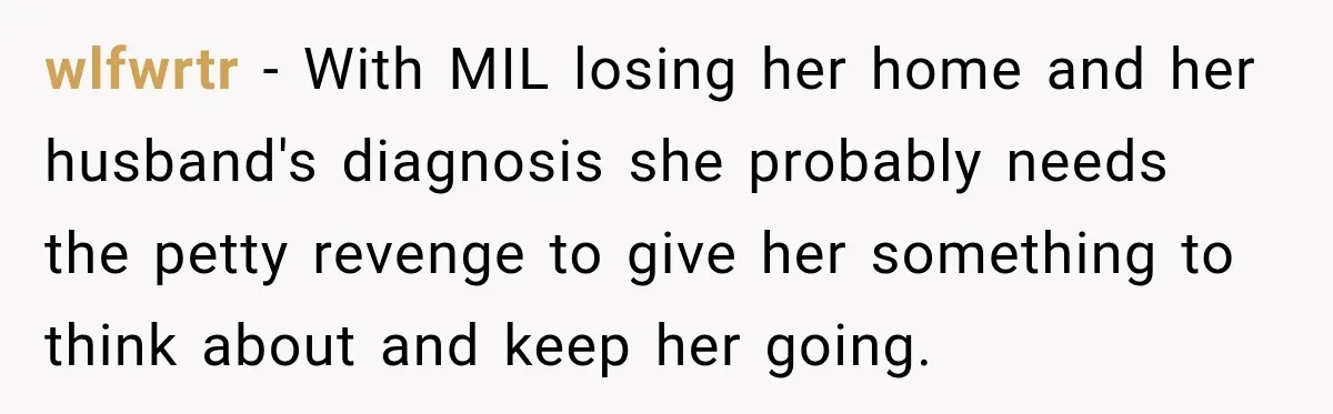 Woman’s Husband Cheats, Then His Own Mom Starts Cooking Every Meal He Hates wlfwrtr − With MIL losing her home and her husband's diagnosis she probably needs the petty revenge to give her something to think about and keep her going.