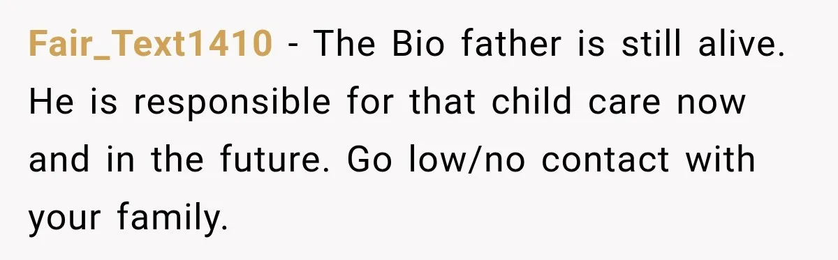 Fair_Text1410 − The Bio father is still alive. He is responsible for that child care now and in the future. Go low/no contact with your family.