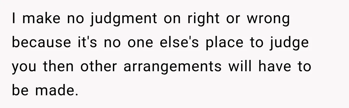 I make no judgment on right or wrong because it's no one else's place to judge you then other arrangements will have to be made.