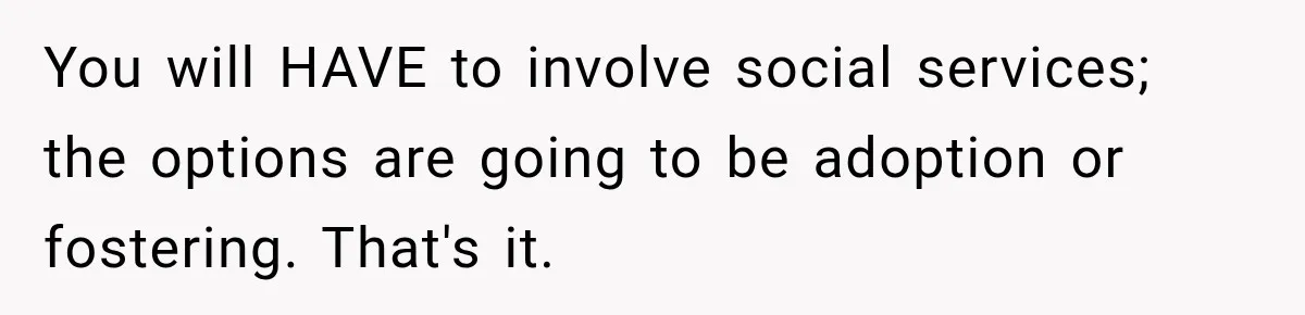 You will HAVE to involve social services; the options are going to be adoption or fostering. That's it.