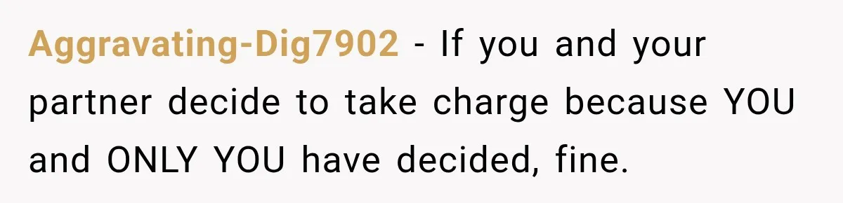 Aggravating-Dig7902 − If you and your partner decide to take charge because YOU and ONLY YOU have decided, fine.
