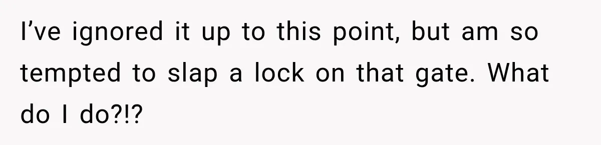 I’ve ignored it up to this point, but am so tempted to slap a lock on that gate. What do I do?!?