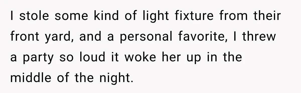 I stole some kind of light fixture from their front yard, and a personal favorite, I threw a party so loud it woke her up in the middle of the...