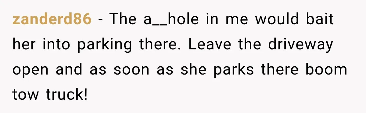 zanderd86 − The a__hole in me would bait her into parking there. Leave the driveway open and as soon as she parks there boom tow truck!