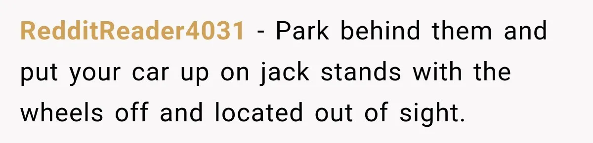 RedditReader4031 − Park behind them and put your car up on jack stands with the wheels off and located out of sight.