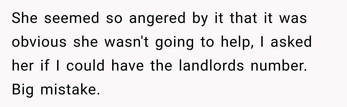 She seemed so angered by it that it was obvious she wasn't going to help, I asked her if I could have the landlords number. Big mistake.