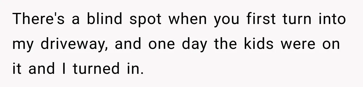 There's a blind spot when you first turn into my driveway, and one day the kids were on it and I turned in.