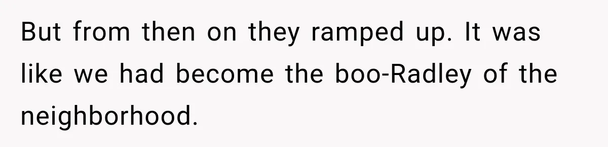 But from then on they ramped up. It was like we had become the boo-Radley of the neighborhood.