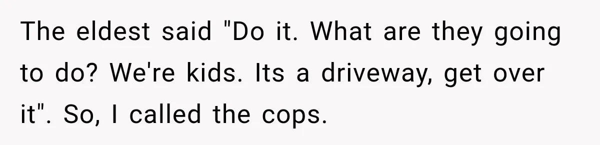 The eldest said "Do it. What are they going to do? We're kids. Its a driveway, get over it". So, I called the cops.