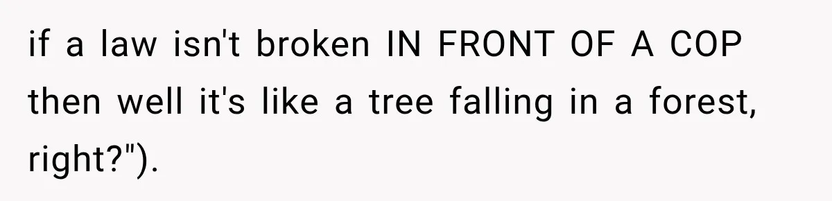 if a law isn't broken IN FRONT OF A COP then well it's like a tree falling in a forest, right?").
